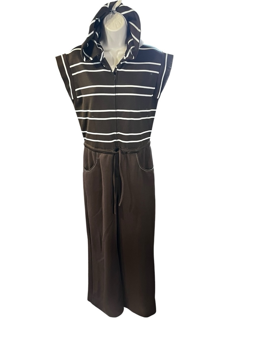 Vtg 70s Hooded Jumpsuit in Brown with White Stripes